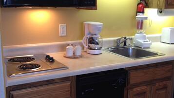 Microwave, stovetop, dishwasher, coffee/tea maker