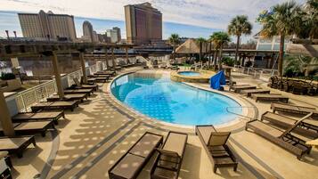 Outdoor pool, pool umbrellas, sun loungers