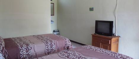 A hotel room with two beds, a television on a wooden cabinet, and a small wall-mounted picture.