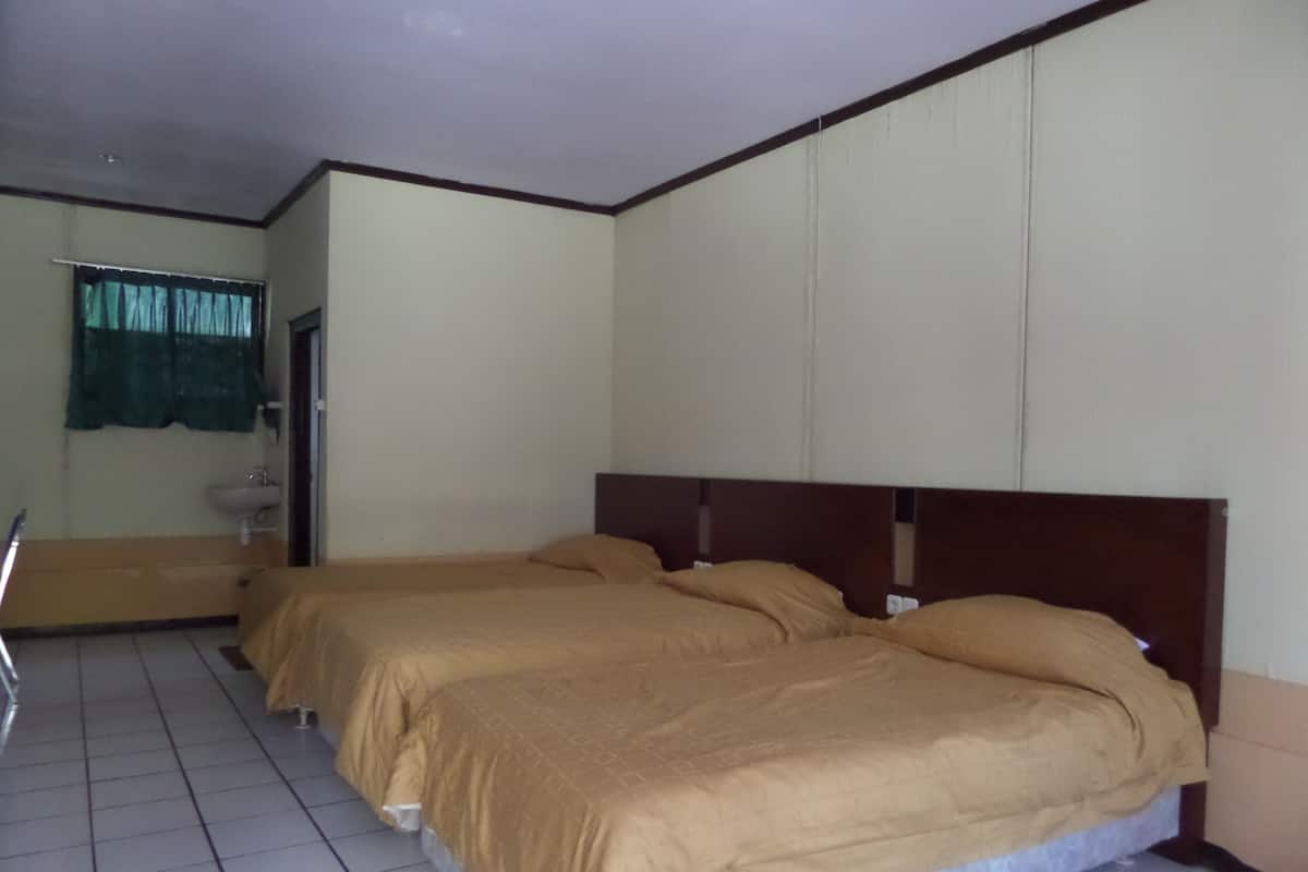 Quarto com duas camas, pia e espelho.