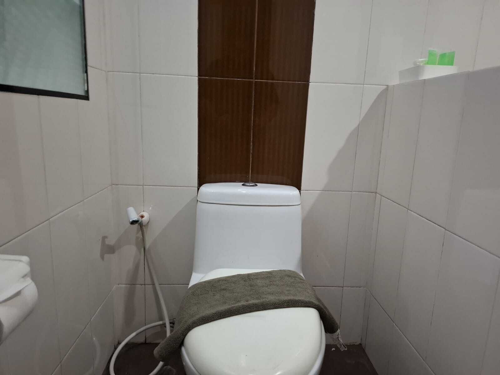 Een kleine, smalle badkamer met een wit toilet, een houten paneel aan de muur en een groene fles op een plank.