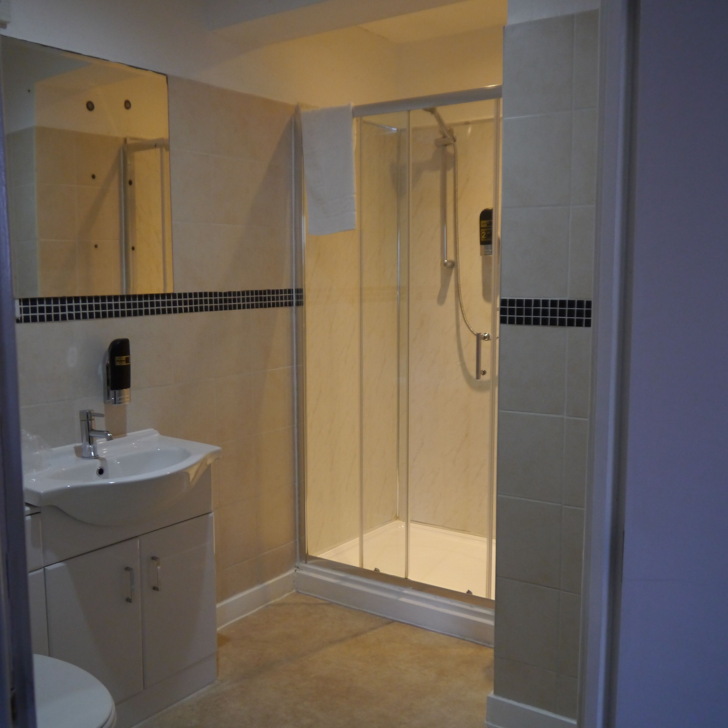 Une salle de bain avec une douche à parois de verre, un lavabo avec un distributeur de savon et des toilettes.