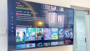 Televisor de pantalla plana montado en una pared mostrando la interfaz de Netflix con diversas miniaturas de series.