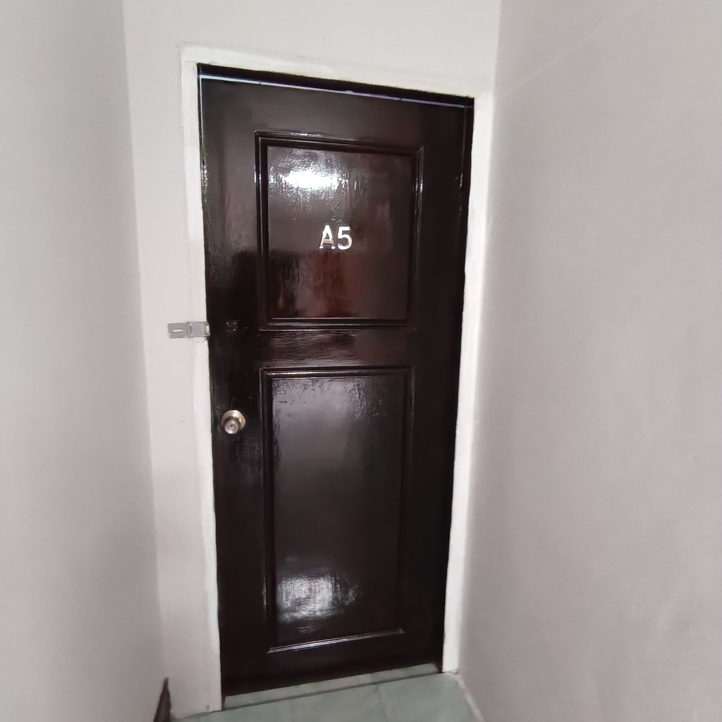 A dark brown door with a number plate labeled "A5" and a keyhole.