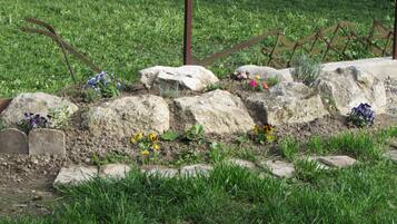 Un jardín con rocas grandes, flores y una cerca de metal.