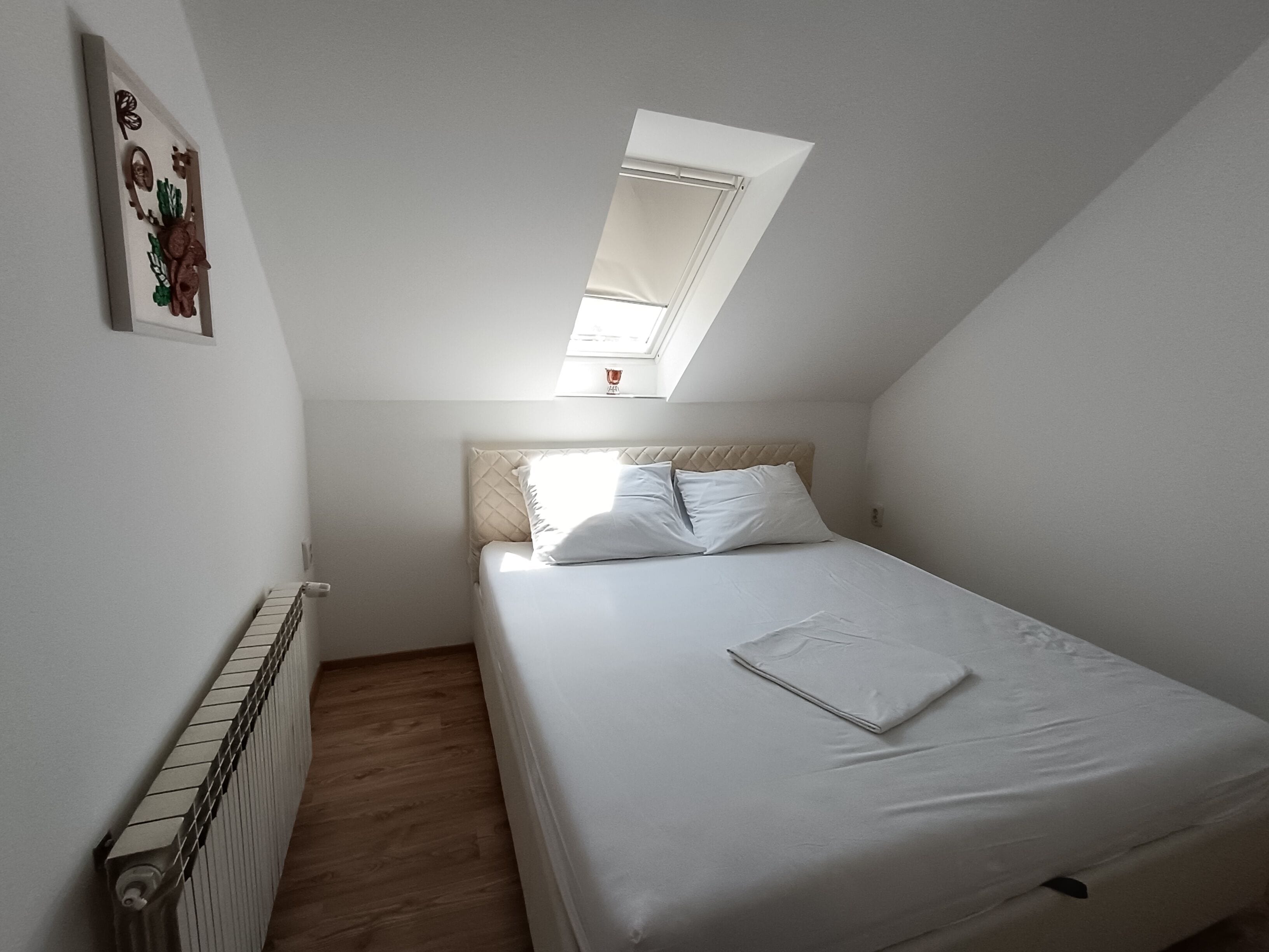 A bedroom with a bed, a radiator, a skylight, and a wall-mounted artwork.