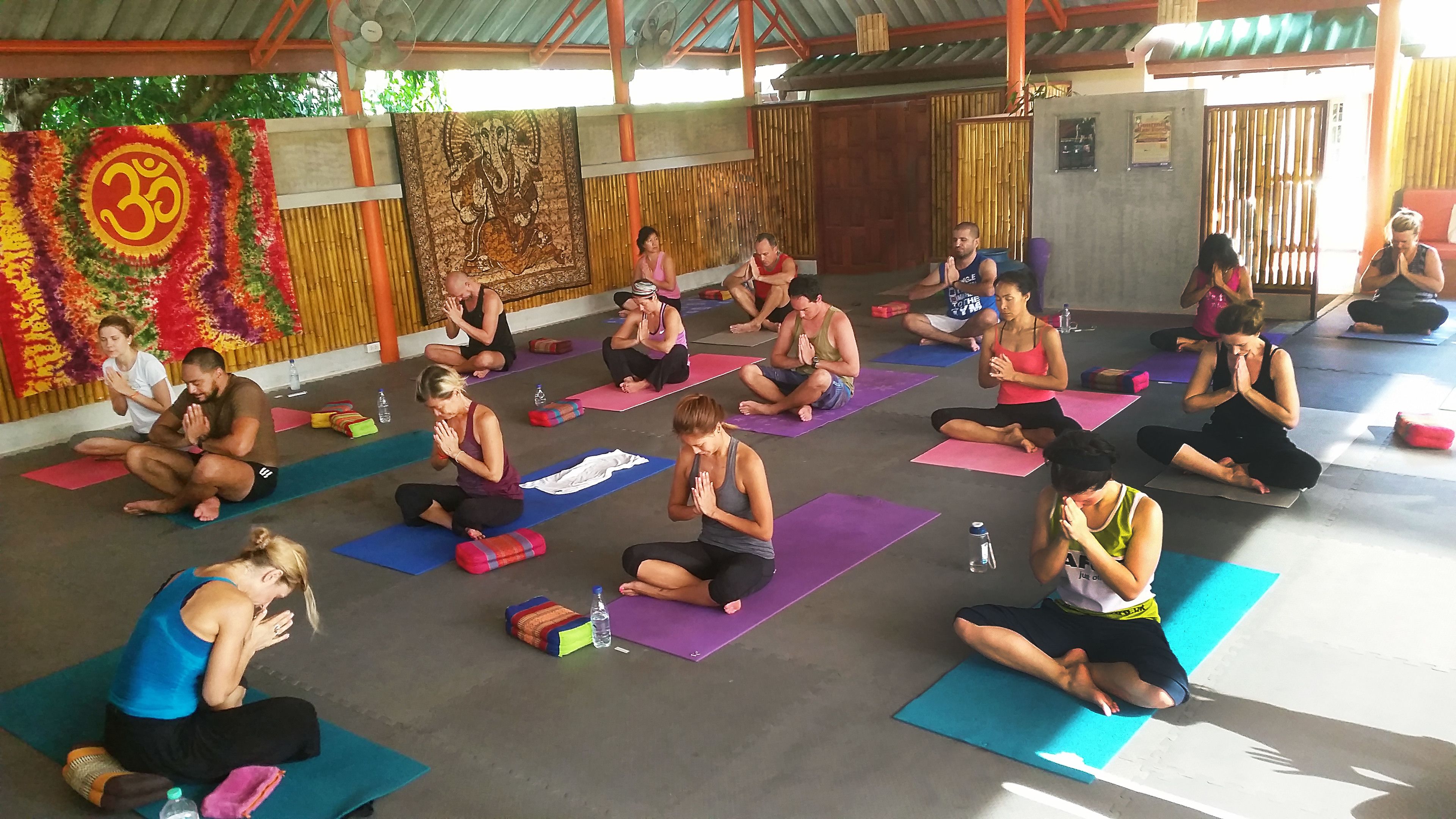 Clase de yoga en un espacio al aire libre cubierto con esterillas y participantes.