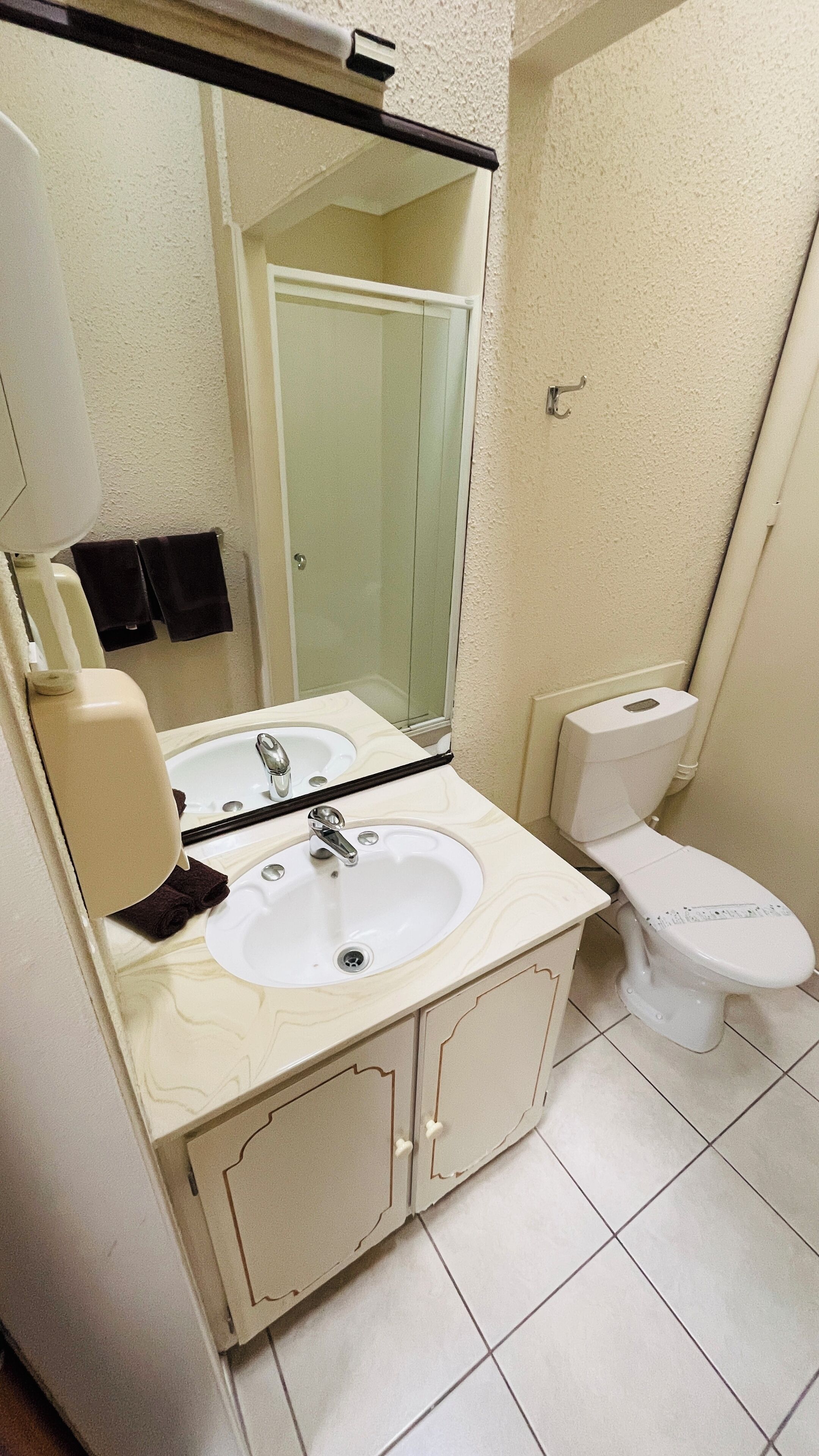 A bathroom with a sink, mirror, toilet, and towel rack.