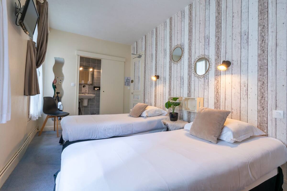 Habitación de hotel con dos camas, un escritorio pequeño, una silla, una planta en maceta y un espejo en la pared.