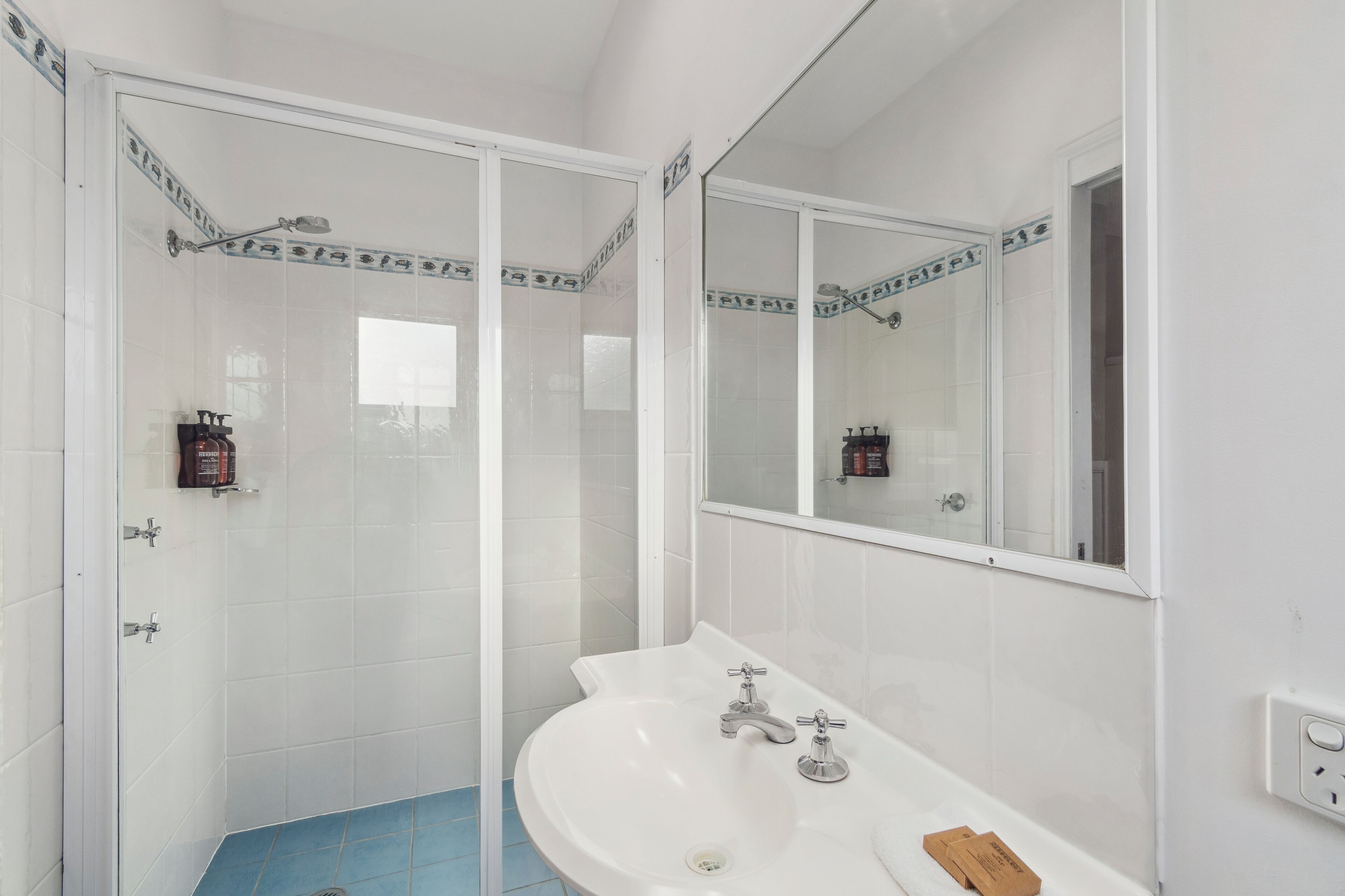 A bathroom with a white sink, a mirror, and a shower with a glass door.