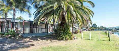 A beachfront property with a large palm tree, a covered porch, and a view of the ocean.