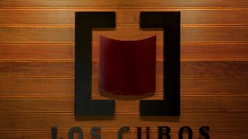 A logo with the letters "L" and "C" on a wooden background, and the text "LOS CUBOS" below.