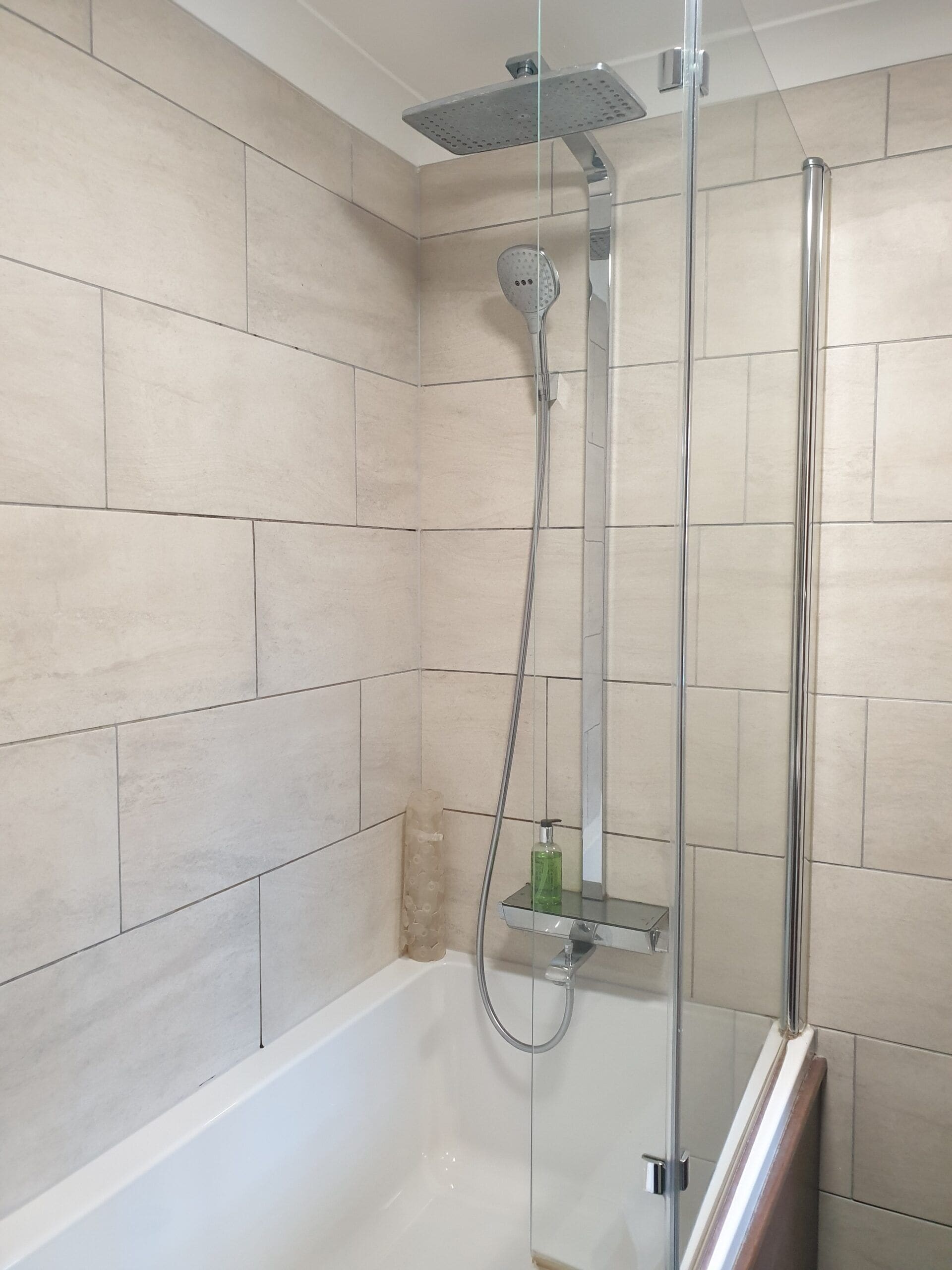 A shower area with a glass enclosure, a handheld showerhead, and a wall-mounted showerhead.