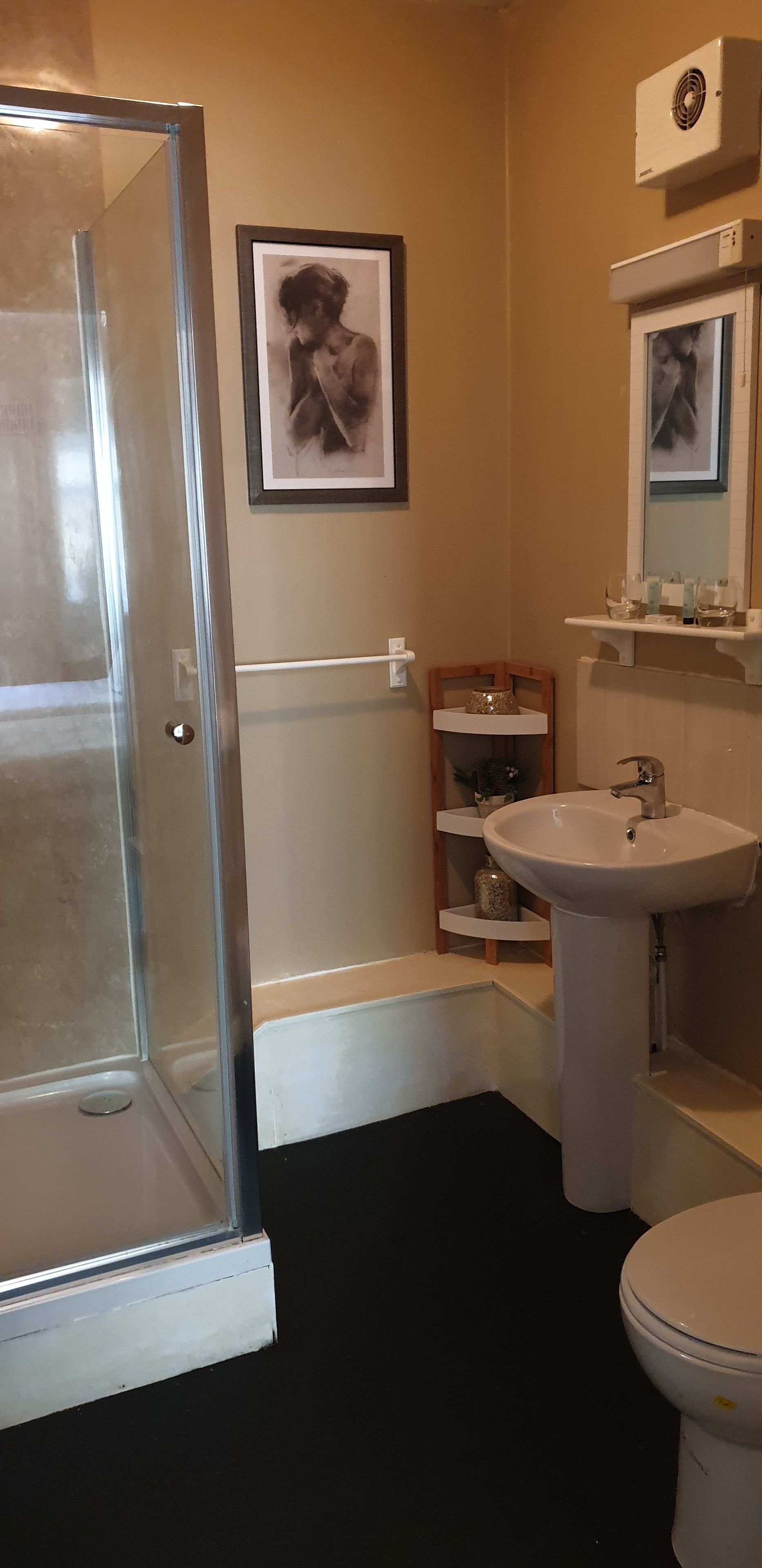 A bathroom with a glass shower door, a sink, a toilet, and a framed picture on the wall.