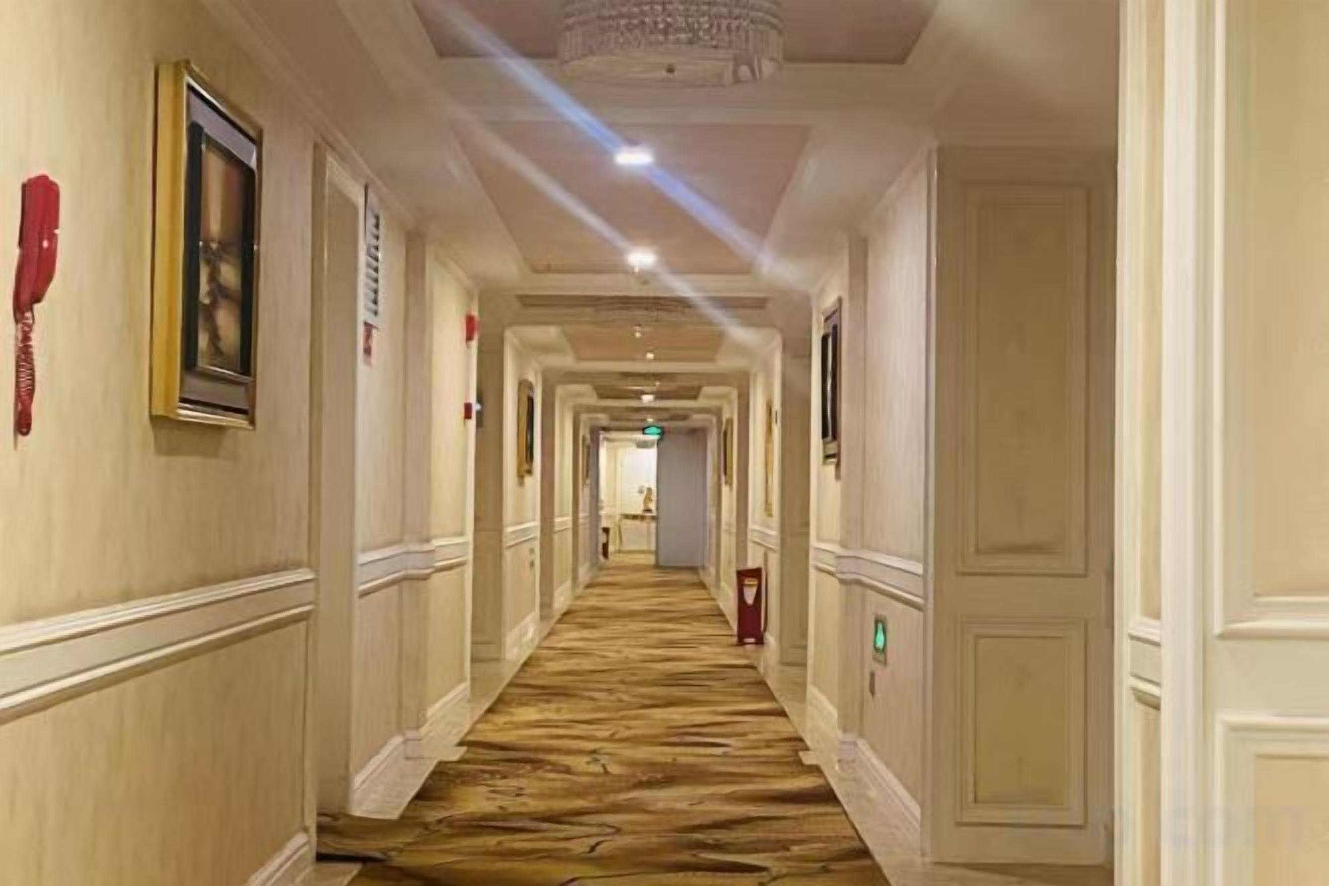 Een hotelgang met vloerbedekking, deuren aan beide kanten en een kroonluchter aan het plafond.