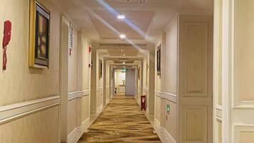 Een hotelgang met vloerbedekking, deuren aan beide kanten en een kroonluchter aan het plafond.