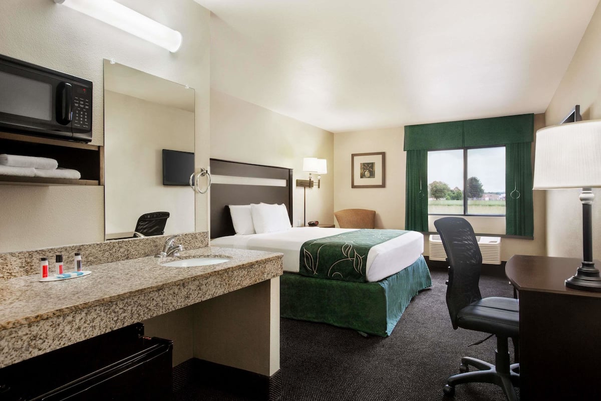 A hotel room with a bed, a desk, a sink, and a mirror.