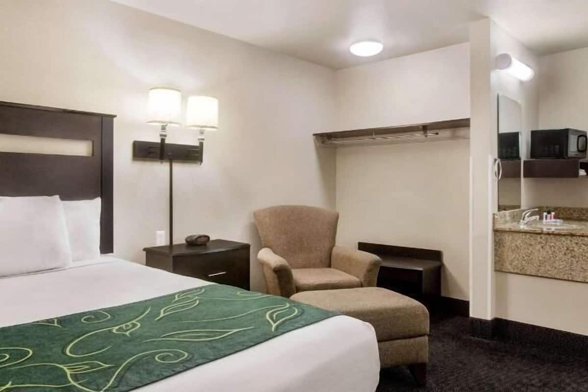 A hotel room with a bed, a chair, a nightstand, a lamp, a mirror, and a bathroom with a sink and mirror.