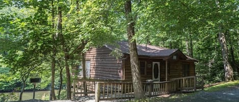 A rustic cabin surrounded by dense trees, with a gravel path leading to the entrance.