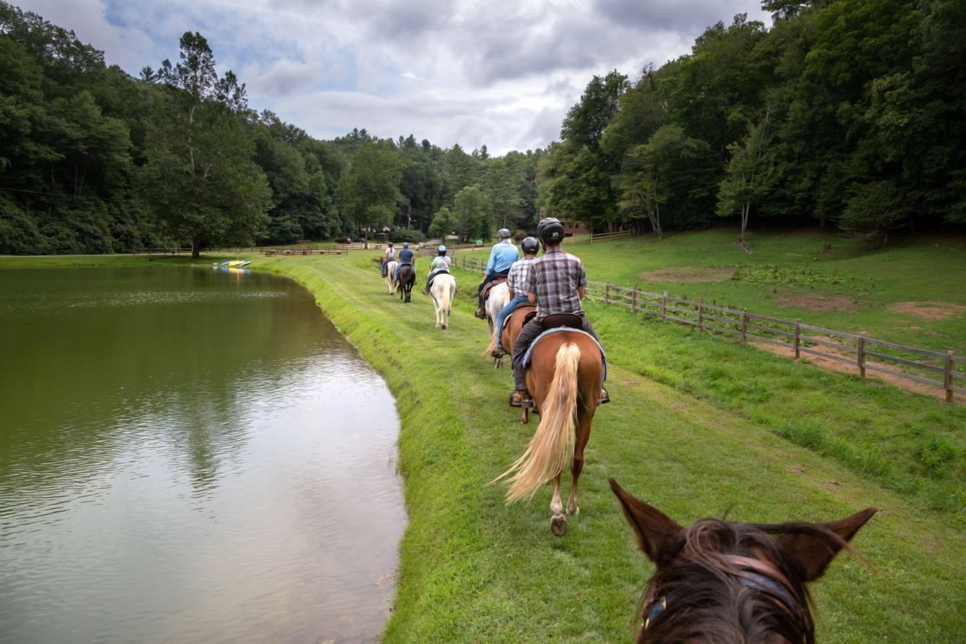 A group of people riding horses along a path beside a body of water, surrounded by greenery.