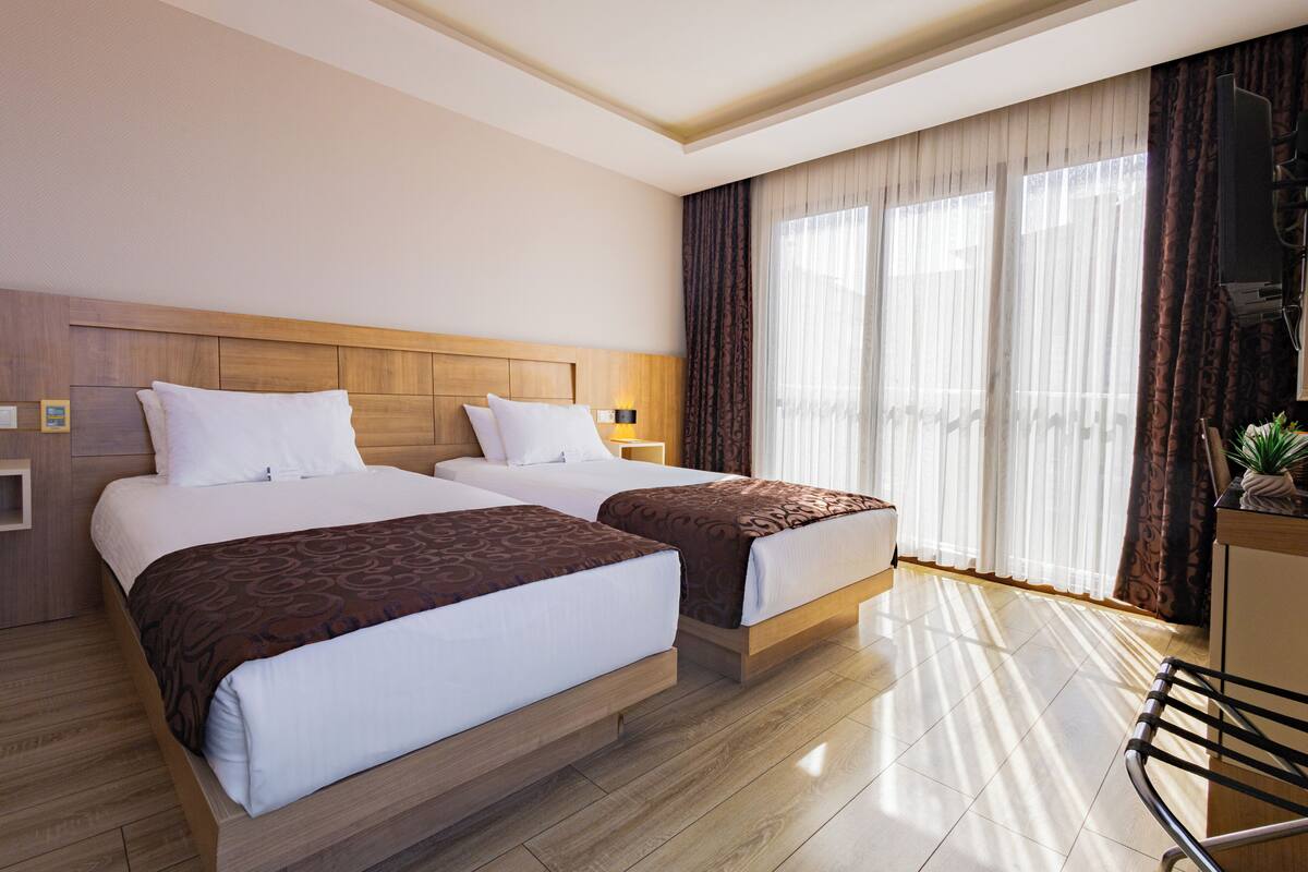 Habitación de hotel con dos camas, cabecero de madera, ventanas amplias con cortinas, televisor de pantalla plana y una planta pequeña.
