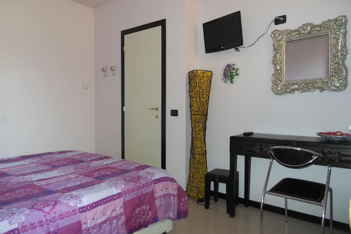 A bedroom with a bed, a desk, a chair, a television, a mirror, and a door.