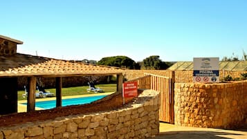 Seasonal outdoor pool, pool loungers