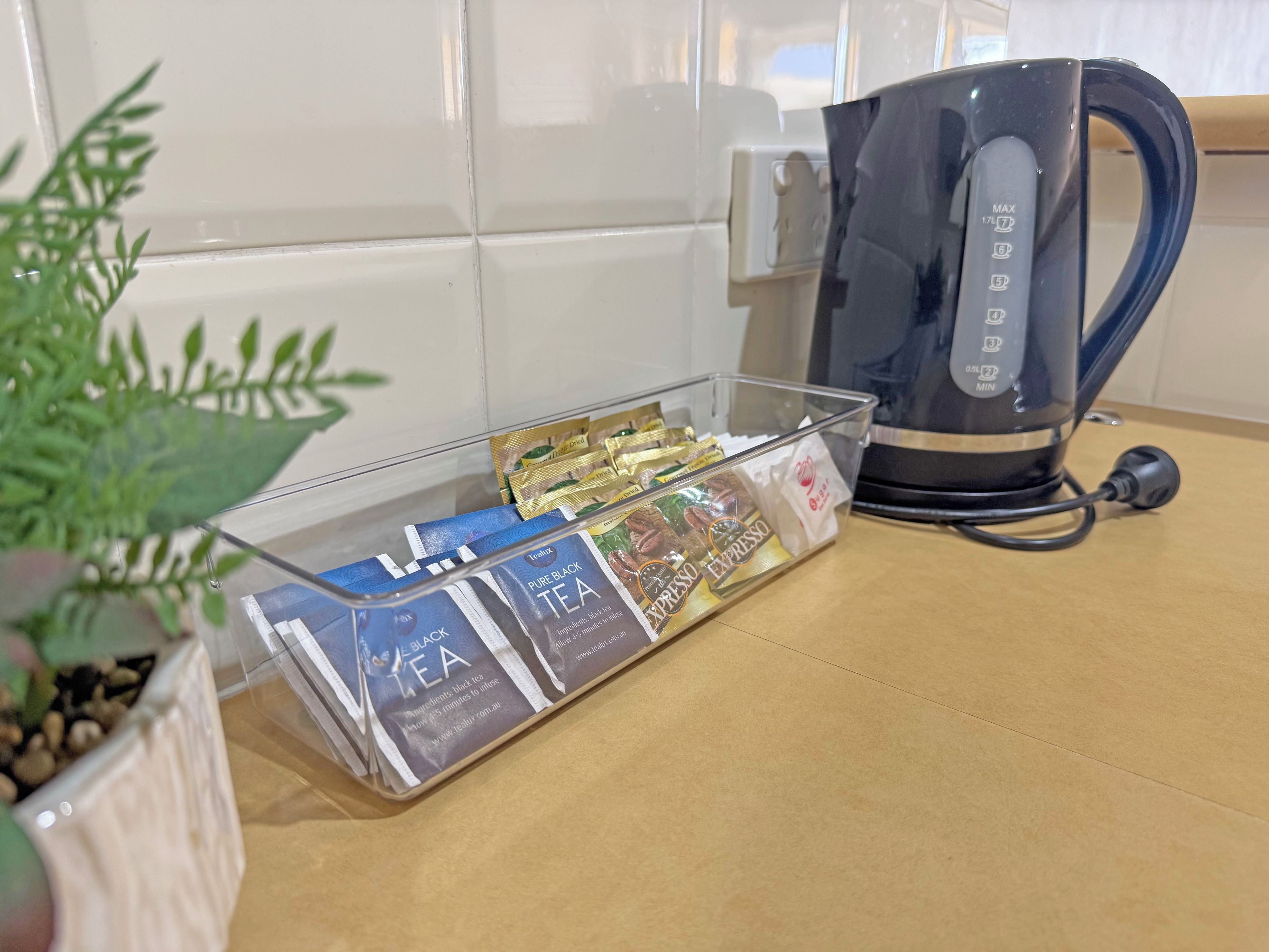 A kitchen area with a coffee maker, a clear plastic container with tea packets, and a potted plant.