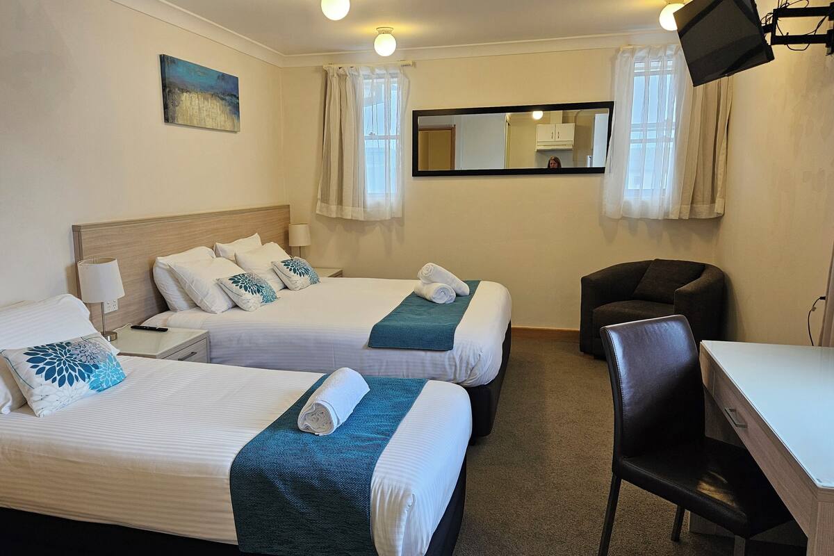 Quarto de hotel com duas camas, uma mesa, uma cadeira, uma televisão e um quadro na parede.