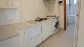 Una cocina moderna con lavadora integrada, un lavabo y una estufa.