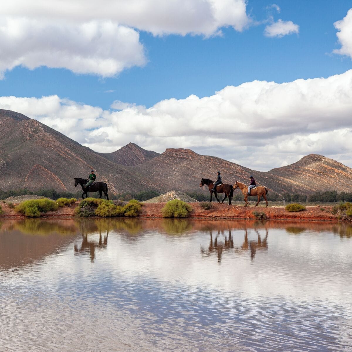 Un lago tranquilo con reflejos de jinetes a caballo, rodeado de montañas y vegetación escasa.