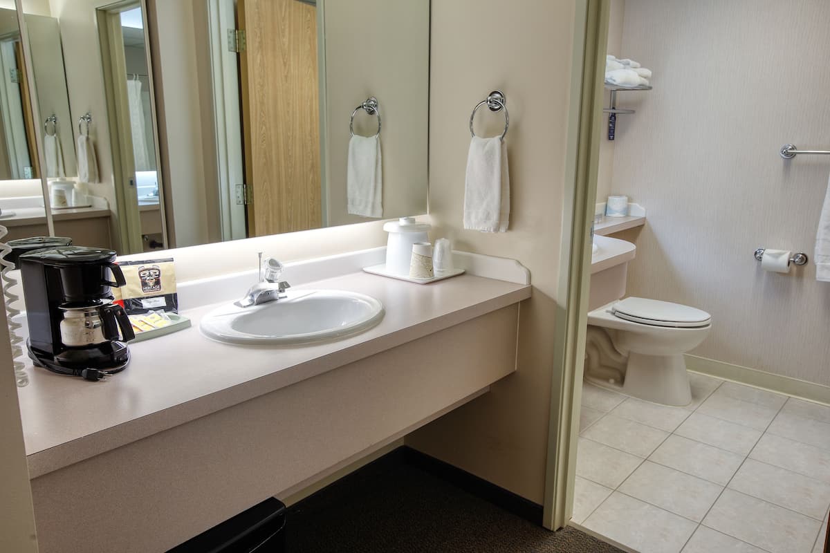 deluxe double room, 2 queen beds | bathroom | combined shower/bathtub, free toiletries, hair dryer, towels