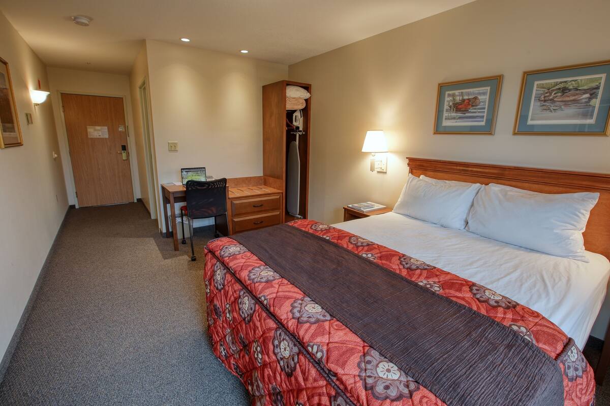 A hotel room with a bed, desk, chair, and a coat rack.