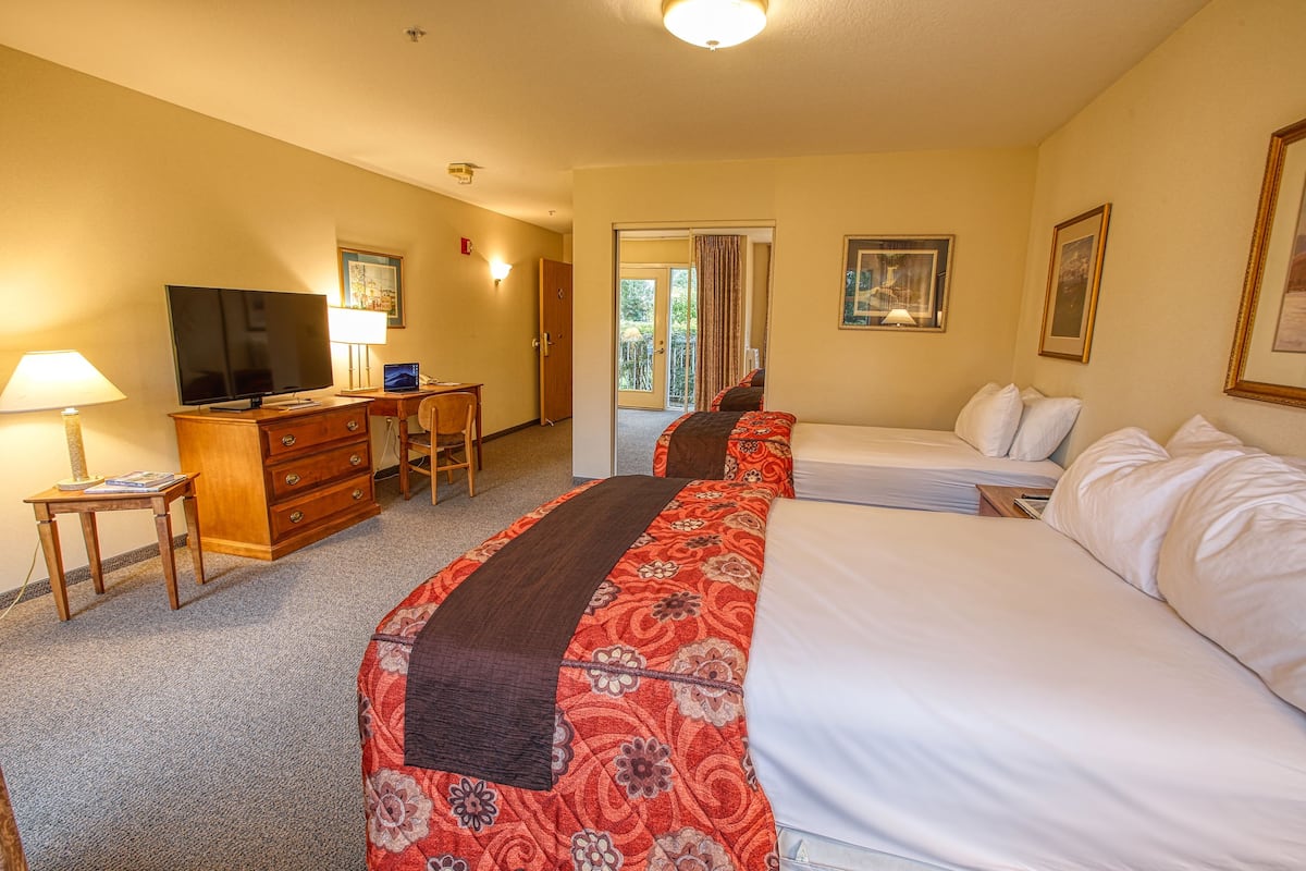 A hotel room with two beds, a TV, a desk, and a chair.