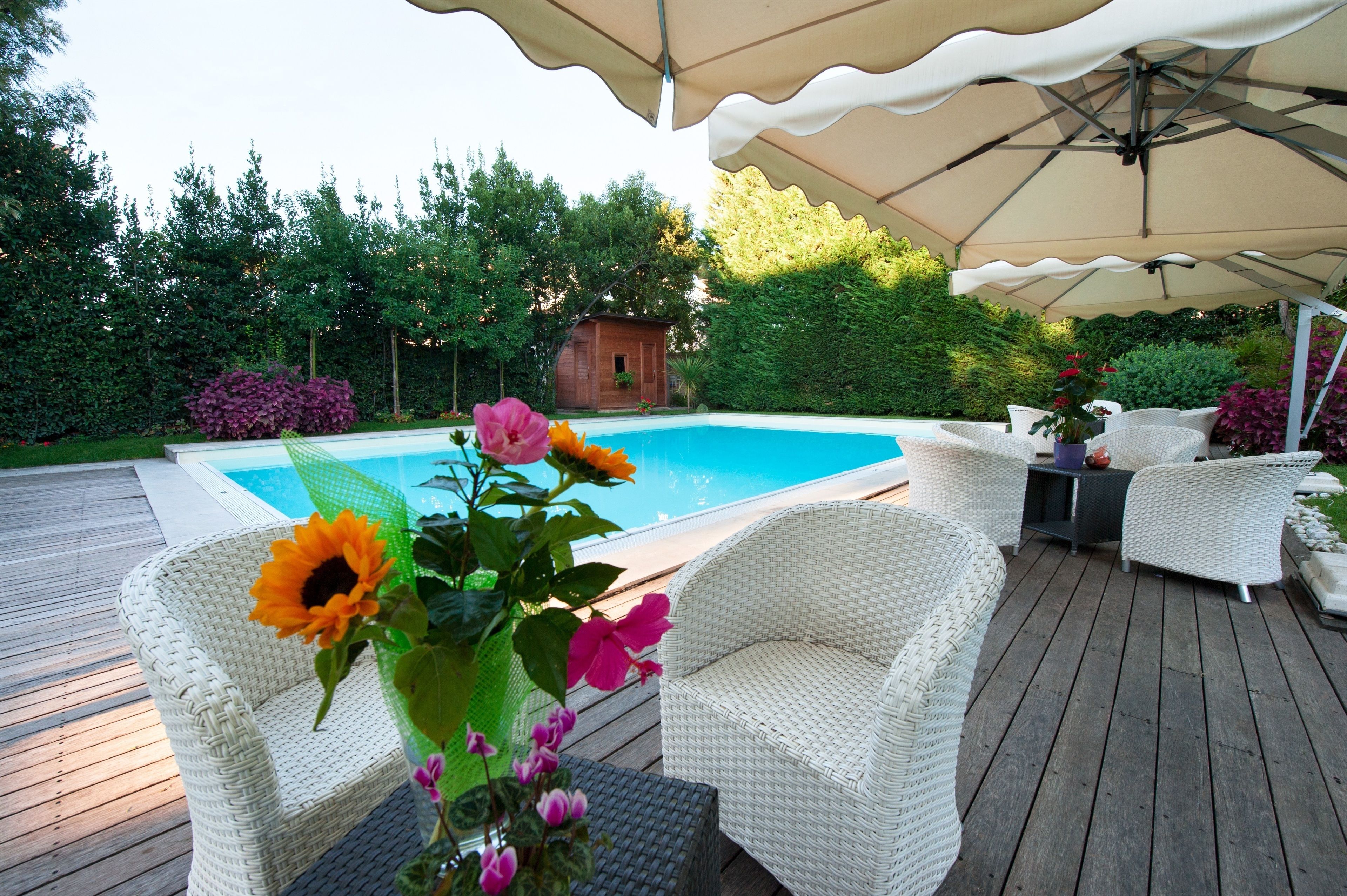 seasonal outdoor pool, open 10 am to 6 pm, pool loungers