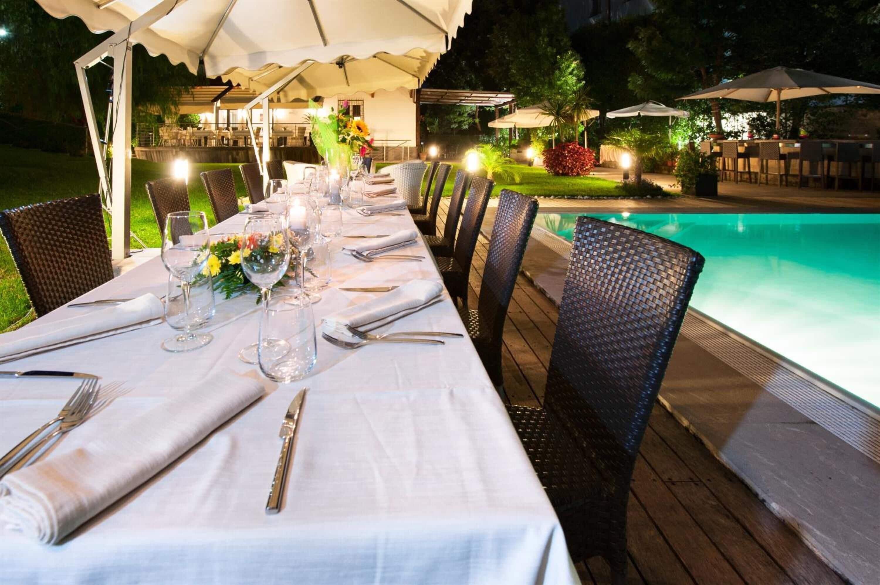 dinner served, mediterranean cuisine, pool views