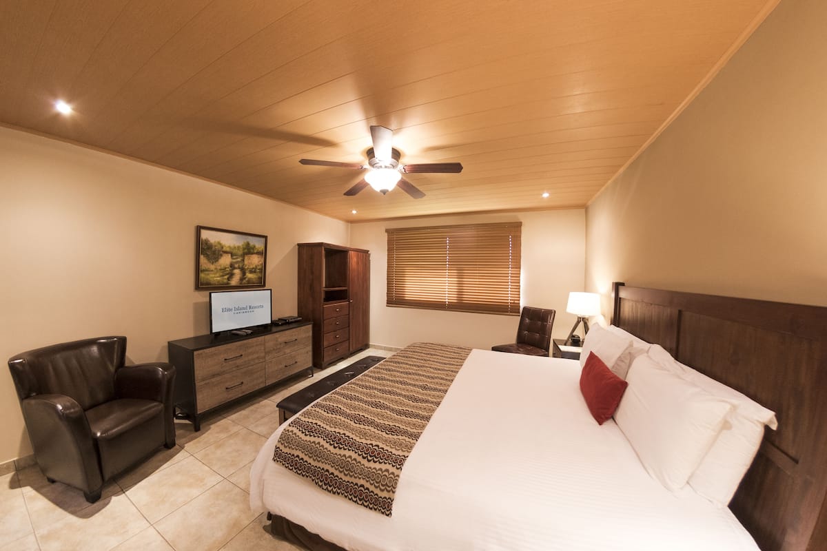 A hotel room with a bed, a desk, a chair, a television, a ceiling fan, and a window with blinds.