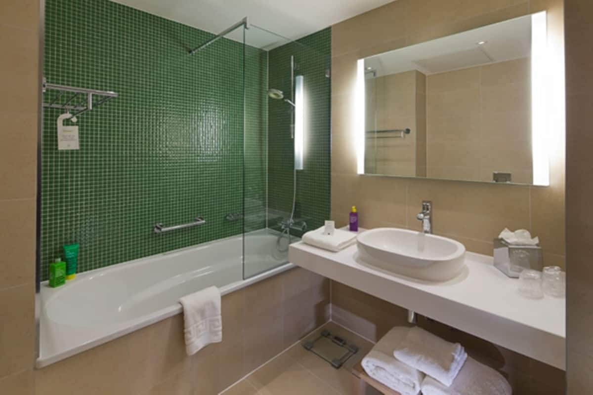 combined shower/bathtub, free toiletries, hair dryer, towels