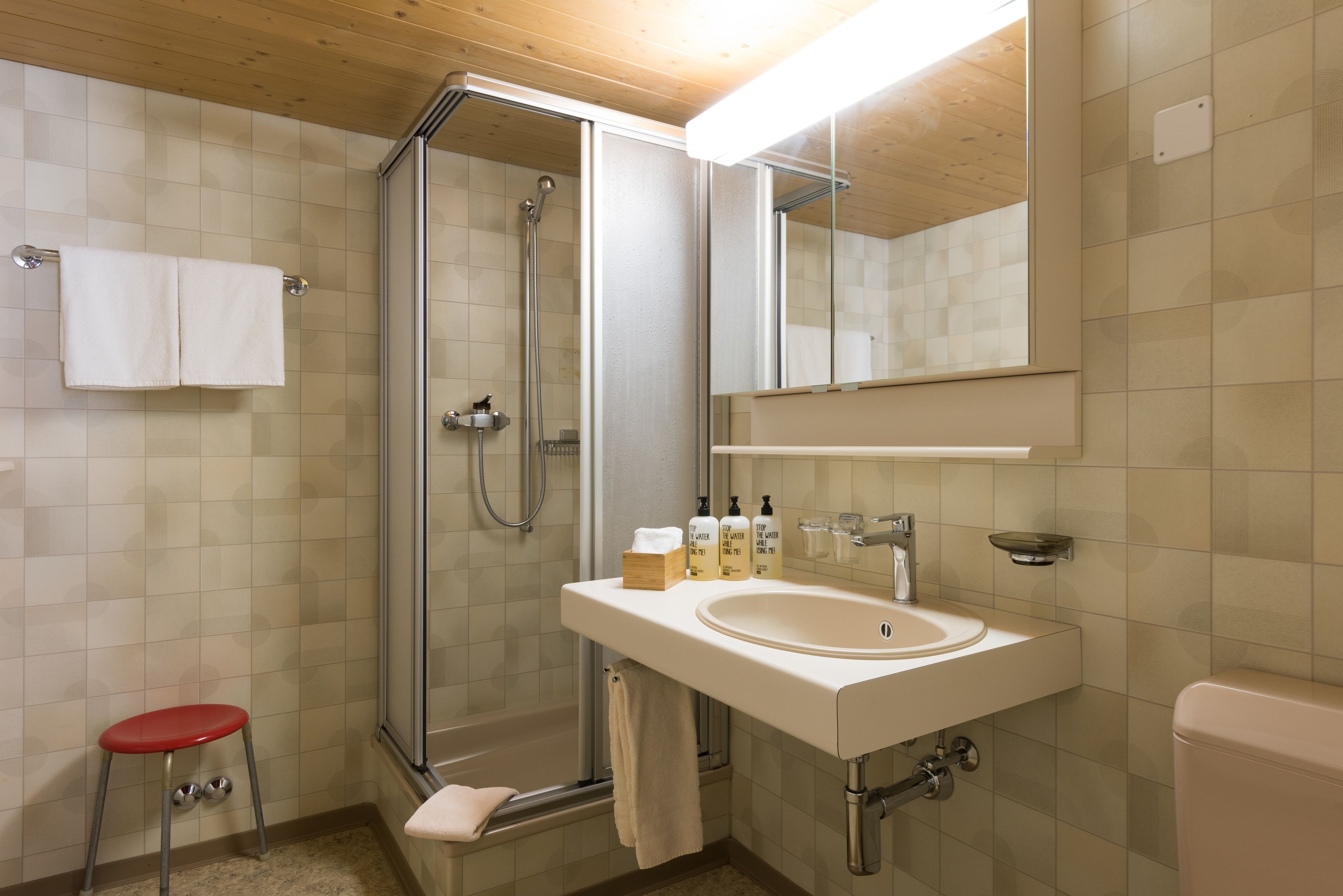 A modern bathroom with a glass-enclosed shower, a white sink, and a mirror above it.