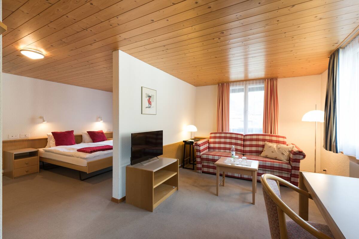 A room with a bed, a TV, a sofa, and a dining table.