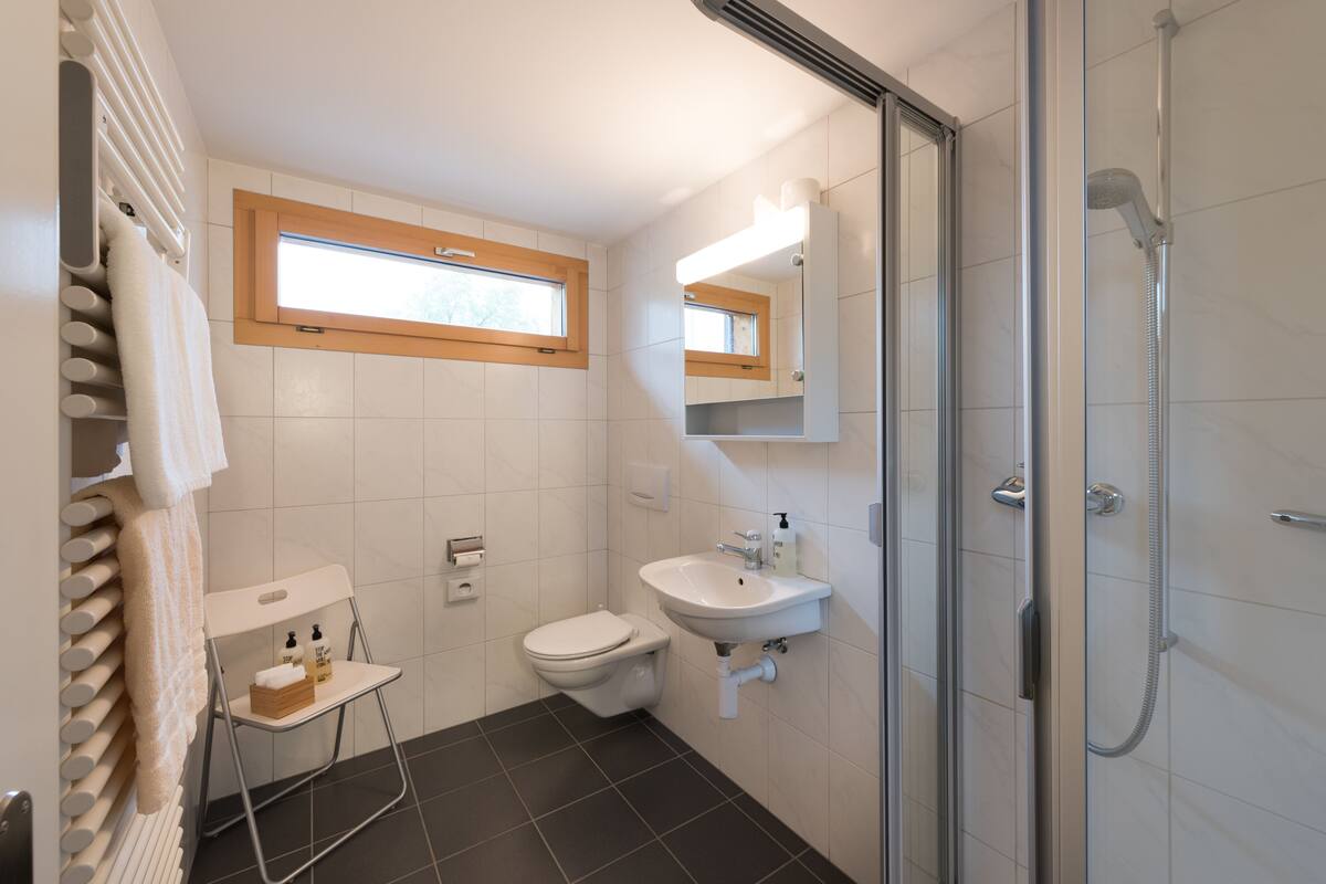 chalet double room mountain view | bathroom | shower, towels