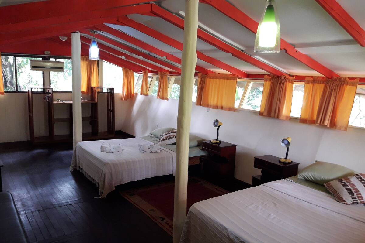 A room with two beds, a desk, and a chair. There are windows with curtains, a ceiling fan, and a lamp on the desk.