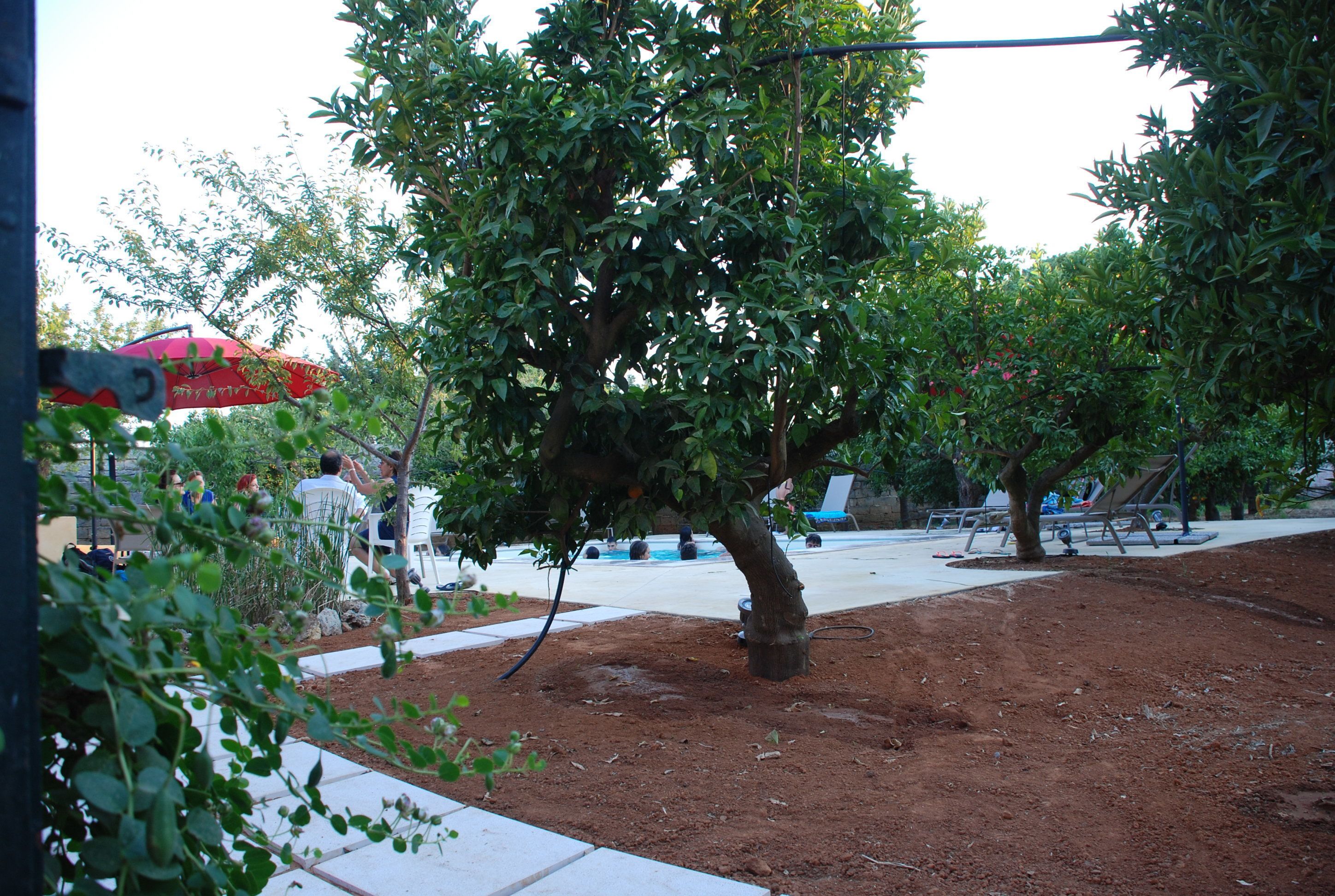 A tree-lined park with a dirt path, benches, and a playground.