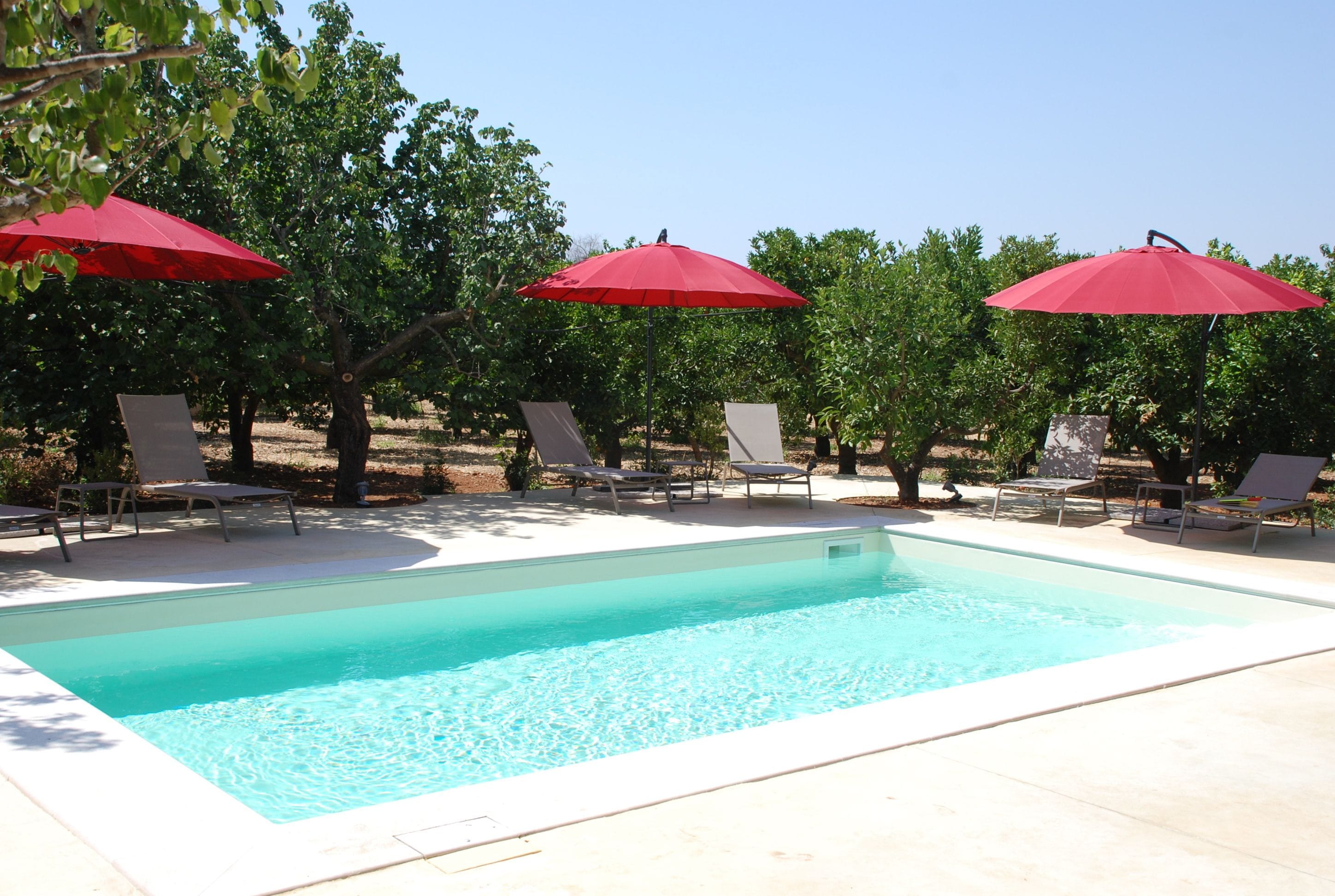 A rectangular swimming pool with clear blue water, surrounded by lounge chairs and red umbrellas, set in a landscaped area with trees.