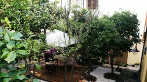 Un patio con plantas en macetas, un banco de madera y una mesita.