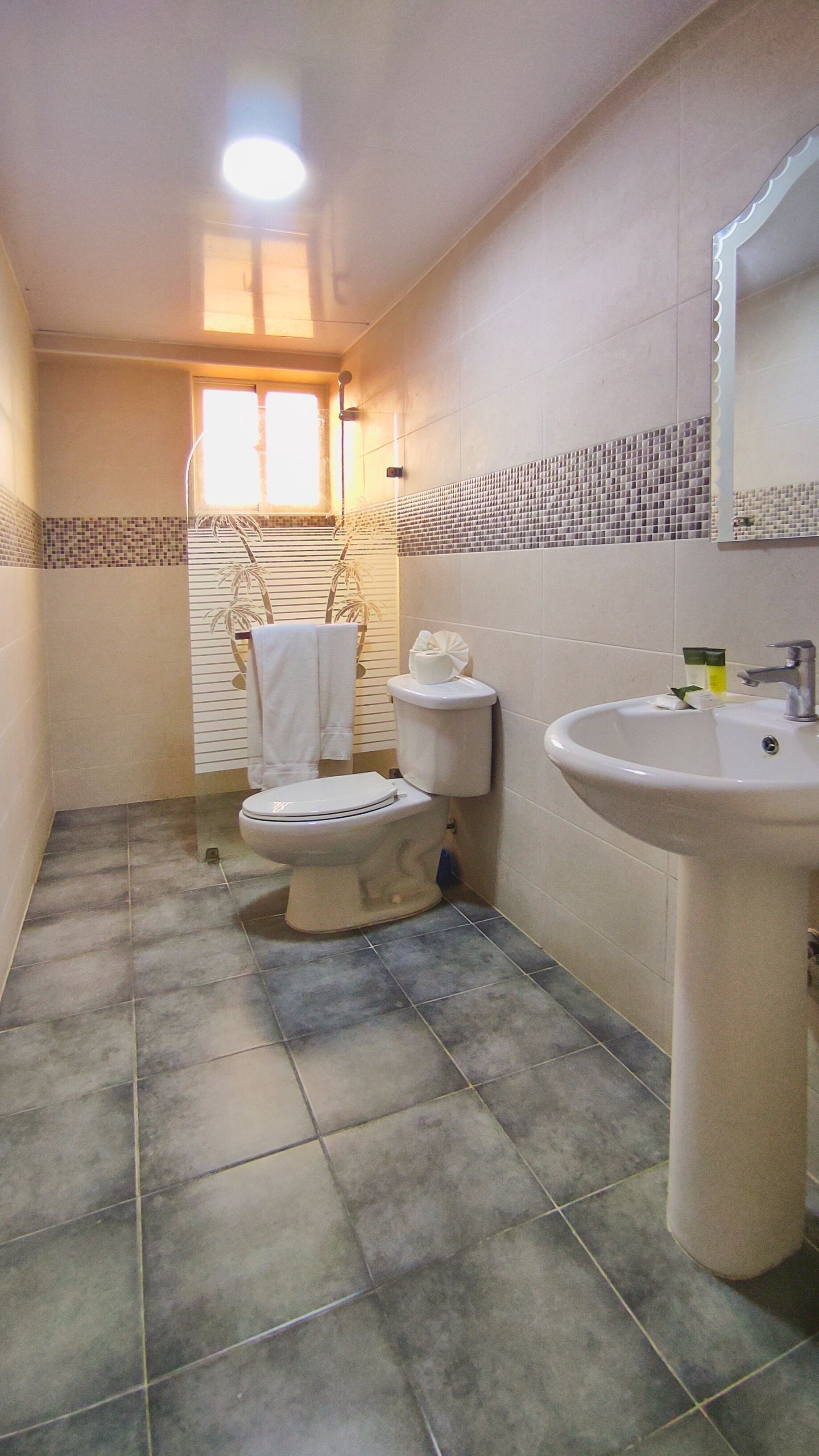 A bathroom with a toilet, sink, and a window with blinds.