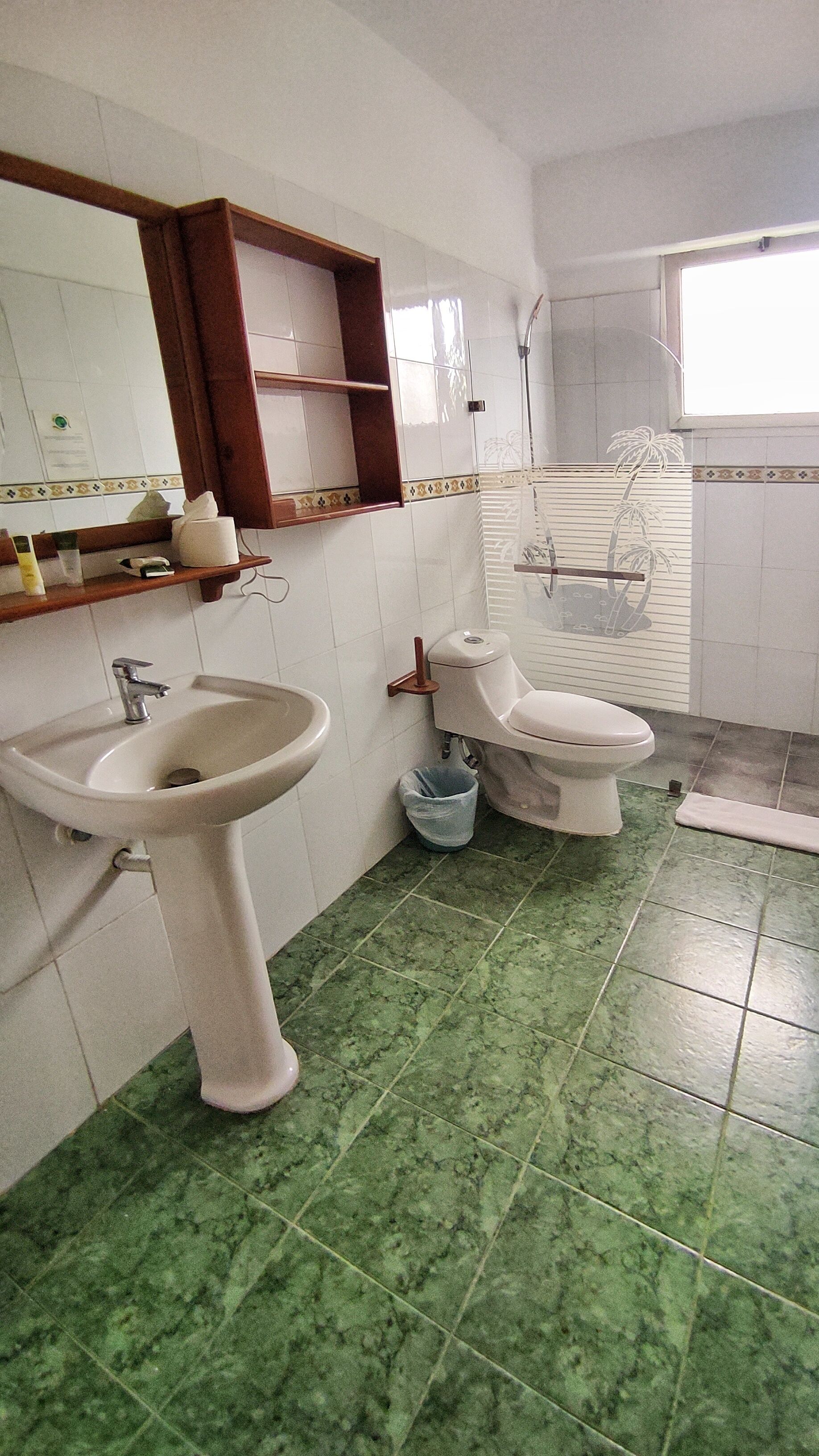 A bathroom with a sink, toilet, and shower.