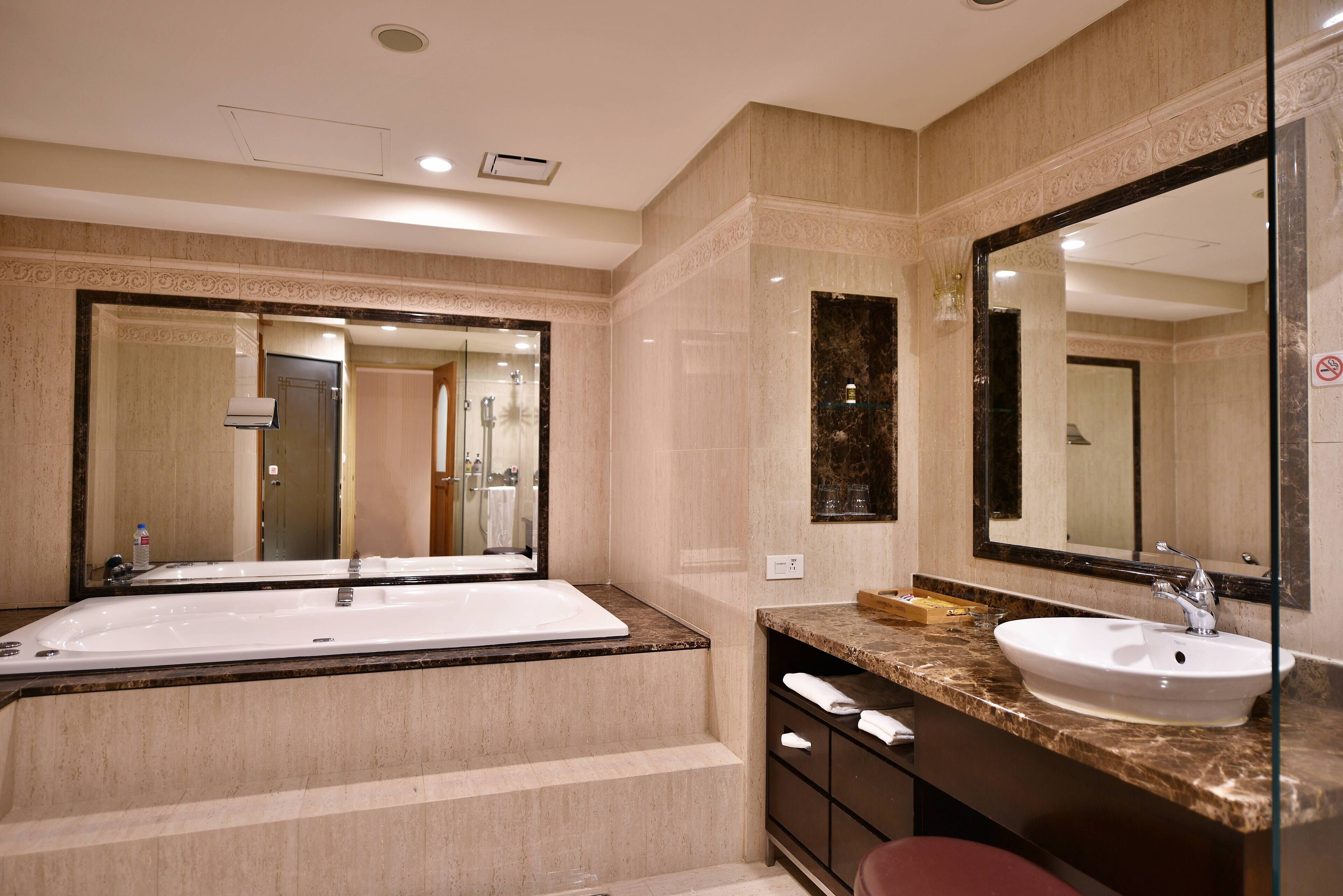 honeymoon double room | bathroom | separate bathtub and shower, deep-soaking bathtub, hair dryer, slippers