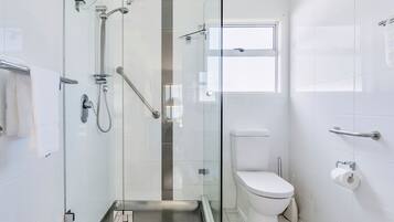 Shower, free toiletries, hair dryer, towels