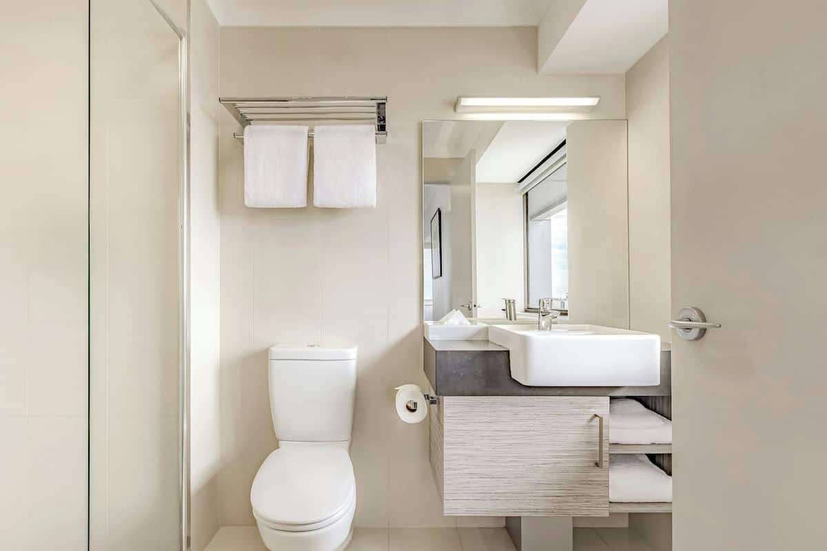 standard room, 1 queen bed, city view | bathroom | shower, hair dryer, towels, soap